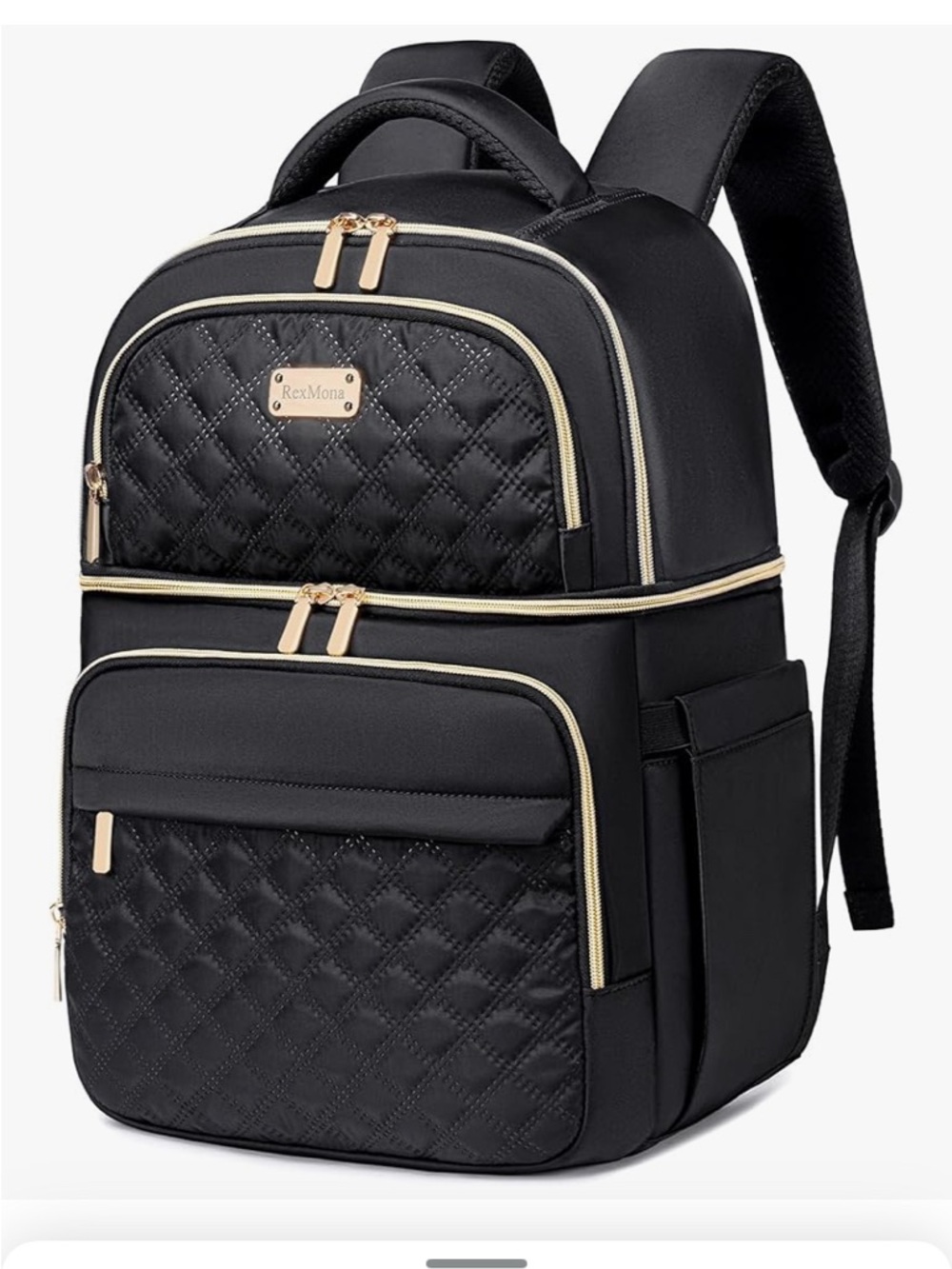RexMona Quilted Black Backpack with Gold Accents